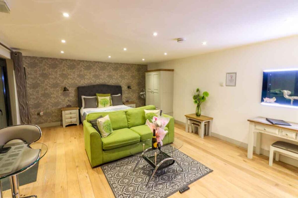 Inside the open plan living area of the Panshill Accommodation Luxury Lodges